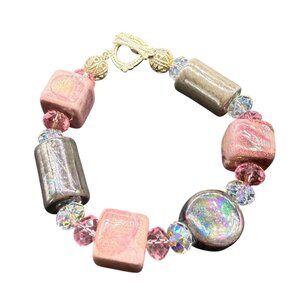 Bracelet Ceramic Crystal Beaded Handcrafted Boho Silver Tone 7.5 inches